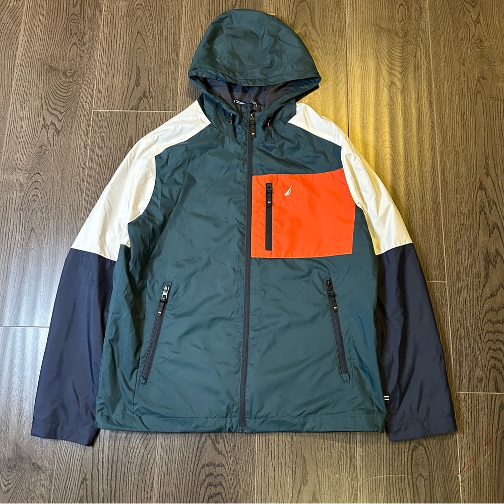Nautica Men’s Hooded Windbreaker Jacket Size M Green Colorblock Prototype Sample